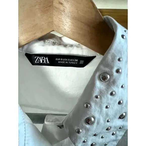 Zara Cropped White Embellished Collar Button Front Top - Picture 4 of 8